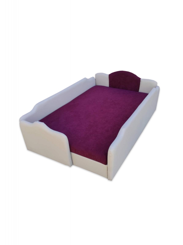 Textilbőr pezsgő színű támlák és lila bútorszövet fekvőfelületű körbetámlás gyerek franciaágy